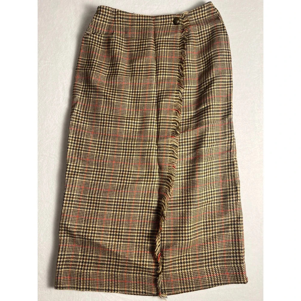 David Brooks Wrap Skirt Wm 10 Tan Plaid Pure Wool Fringe Midi Made USA Cottage